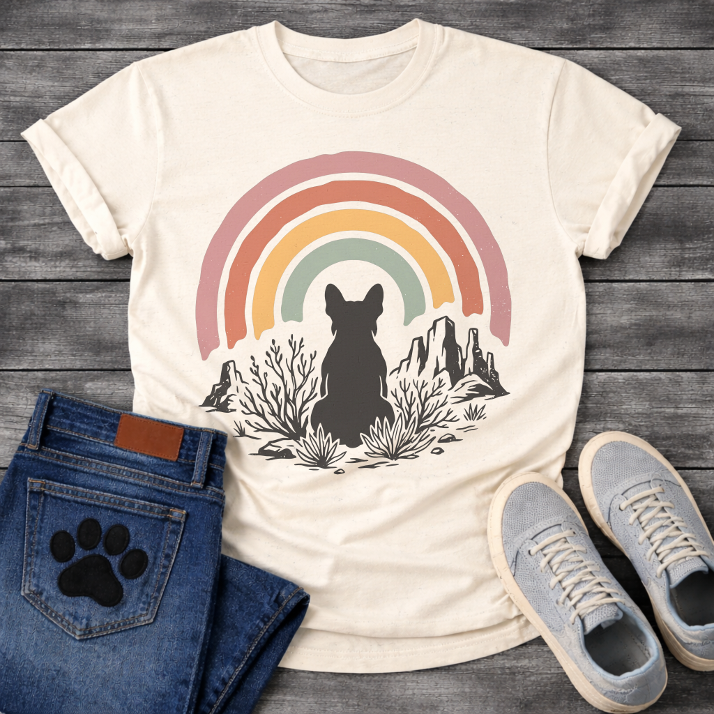French Bulldog t-shirt with Frenchie silhouette seen from behind sitting among desert scrub plants and mesa rock formations, large boho rainbow arch above in muted pink terracotta gold and sage tones, distressed vintage texture, no text
