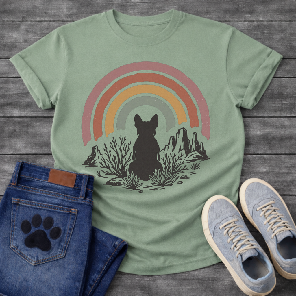 French Bulldog t-shirt with Frenchie silhouette seen from behind sitting among desert scrub plants and mesa rock formations, large boho rainbow arch above in muted pink terracotta gold and sage tones, distressed vintage texture, no text
