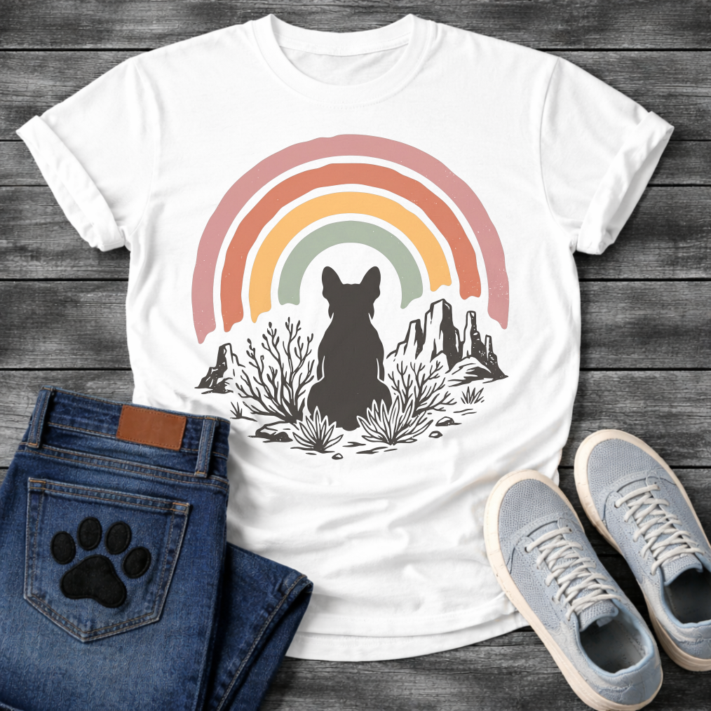 French Bulldog t-shirt with Frenchie silhouette seen from behind sitting among desert scrub plants and mesa rock formations, large boho rainbow arch above in muted pink terracotta gold and sage tones, distressed vintage texture, no text
