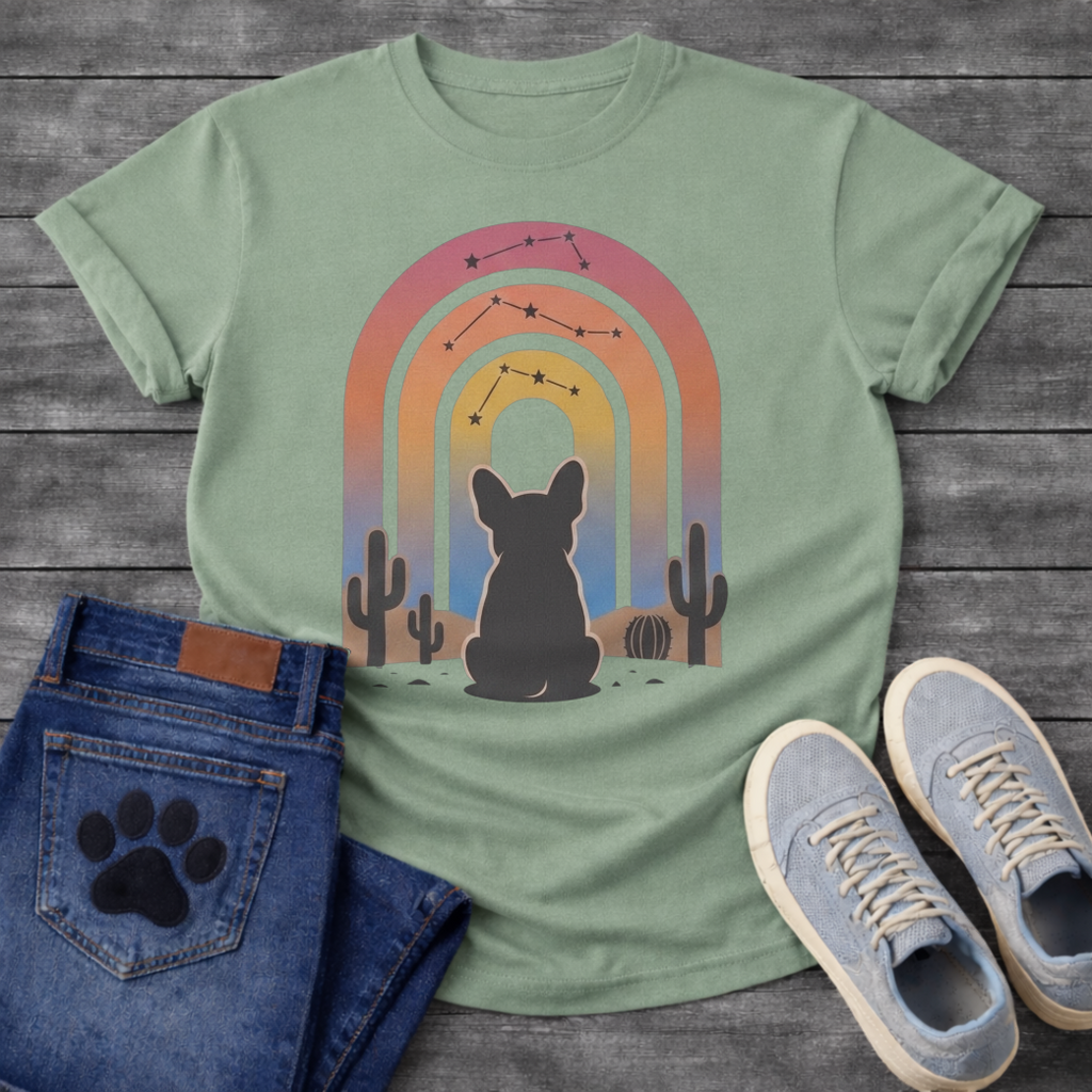 French Bulldog t-shirt with Frenchie silhouette seen from behind sitting in a desert landscape, framed by a gradient rainbow arch in pink orange yellow and blue tones, constellation star patterns above, cactus silhouettes on either side, painterly boho illustration graphic