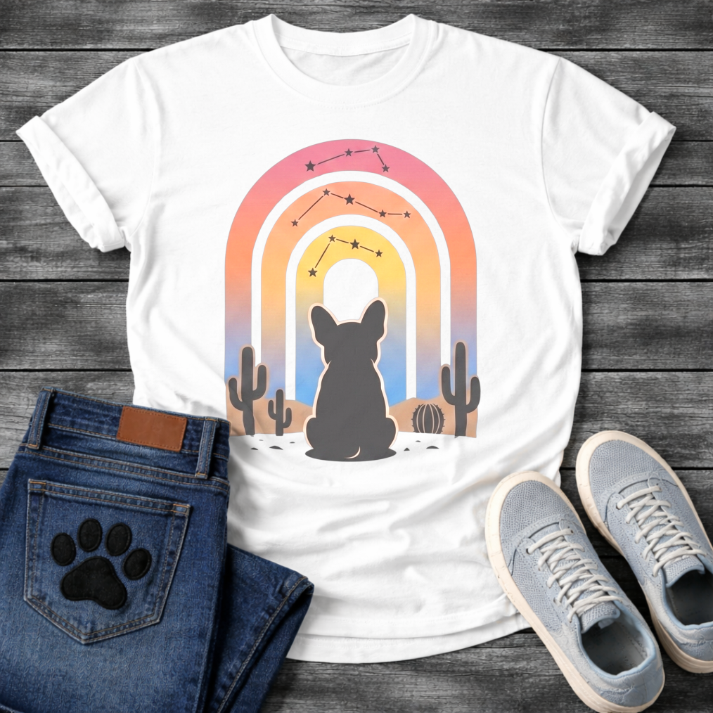French Bulldog t-shirt with Frenchie silhouette seen from behind sitting in a desert landscape, framed by a gradient rainbow arch in pink orange yellow and blue tones, constellation star patterns above, cactus silhouettes on either side, painterly boho illustration graphic