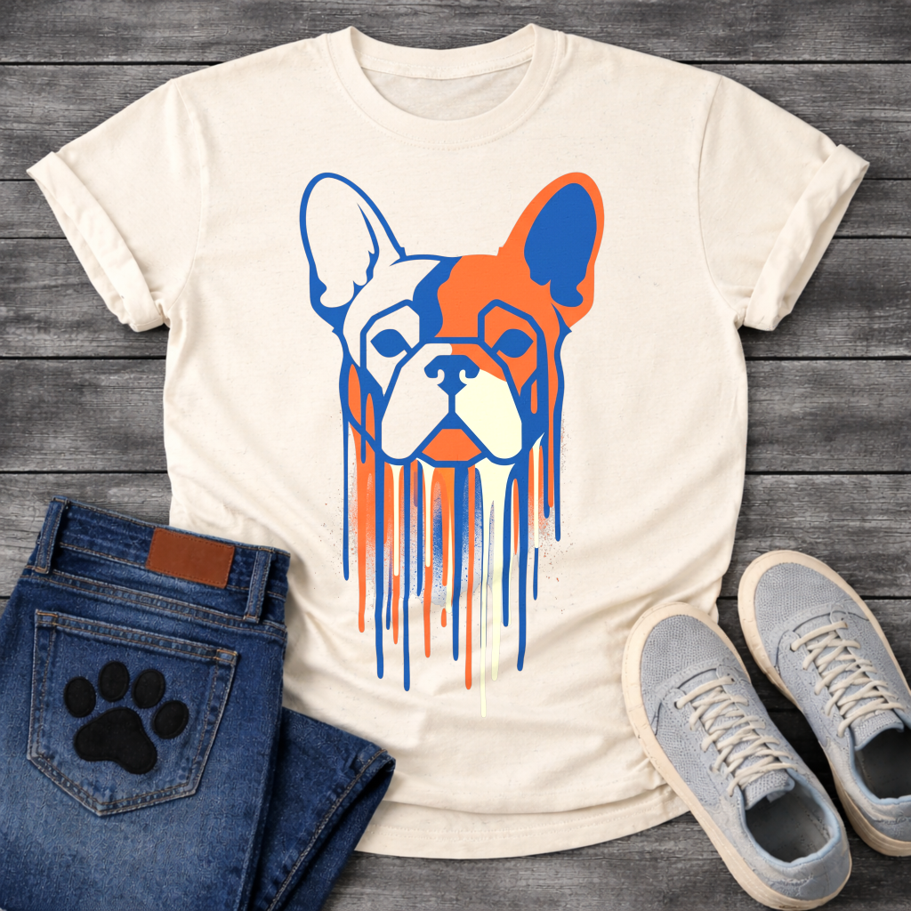 French Bulldog t-shirt with geometric stencil style Frenchie portrait in bold royal blue and terracotta orange with cream, long paint drips running below the face, street art graphic no text