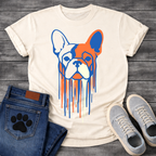 French Bulldog t-shirt with geometric stencil style Frenchie portrait in bold royal blue and terracotta orange with cream, long paint drips running below the face, street art graphic no text