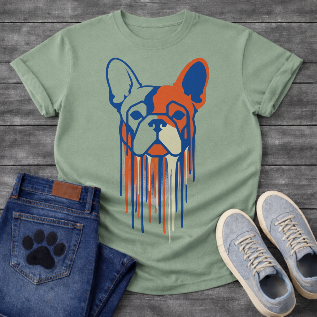 French Bulldog t-shirt with geometric stencil style Frenchie portrait in bold royal blue and terracotta orange with cream, long paint drips running below the face, street art graphic no text