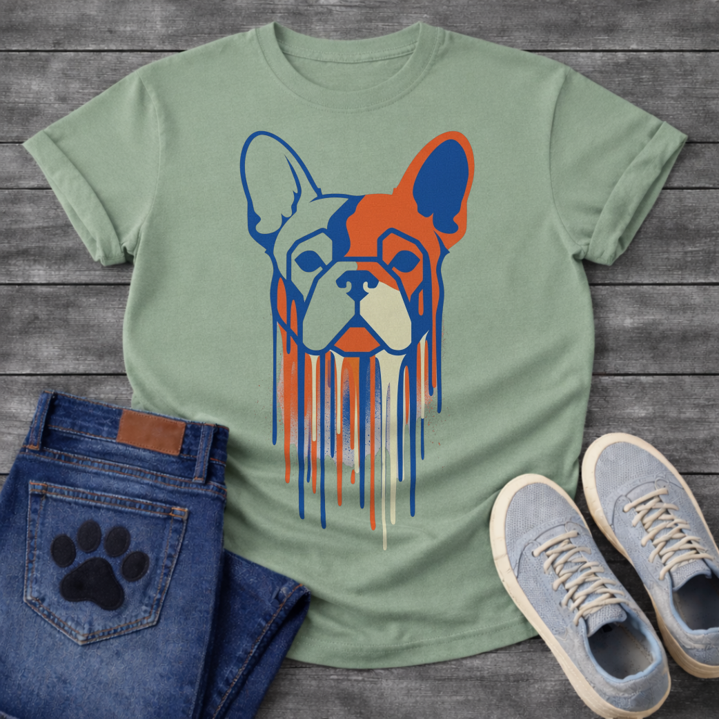 French Bulldog t-shirt with geometric stencil style Frenchie portrait in bold royal blue and terracotta orange with cream, long paint drips running below the face, street art graphic no text