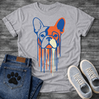 French Bulldog t-shirt with geometric stencil style Frenchie portrait in bold royal blue and terracotta orange with cream, long paint drips running below the face, street art graphic no text