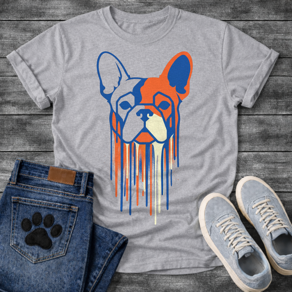 French Bulldog t-shirt with geometric stencil style Frenchie portrait in bold royal blue and terracotta orange with cream, long paint drips running below the face, street art graphic no text