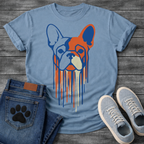 French Bulldog t-shirt with geometric stencil style Frenchie portrait in bold royal blue and terracotta orange with cream, long paint drips running below the face, street art graphic no text