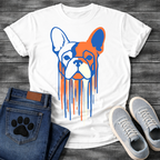 French Bulldog t-shirt with geometric stencil style Frenchie portrait in bold royal blue and terracotta orange with cream, long paint drips running below the face, street art graphic no text