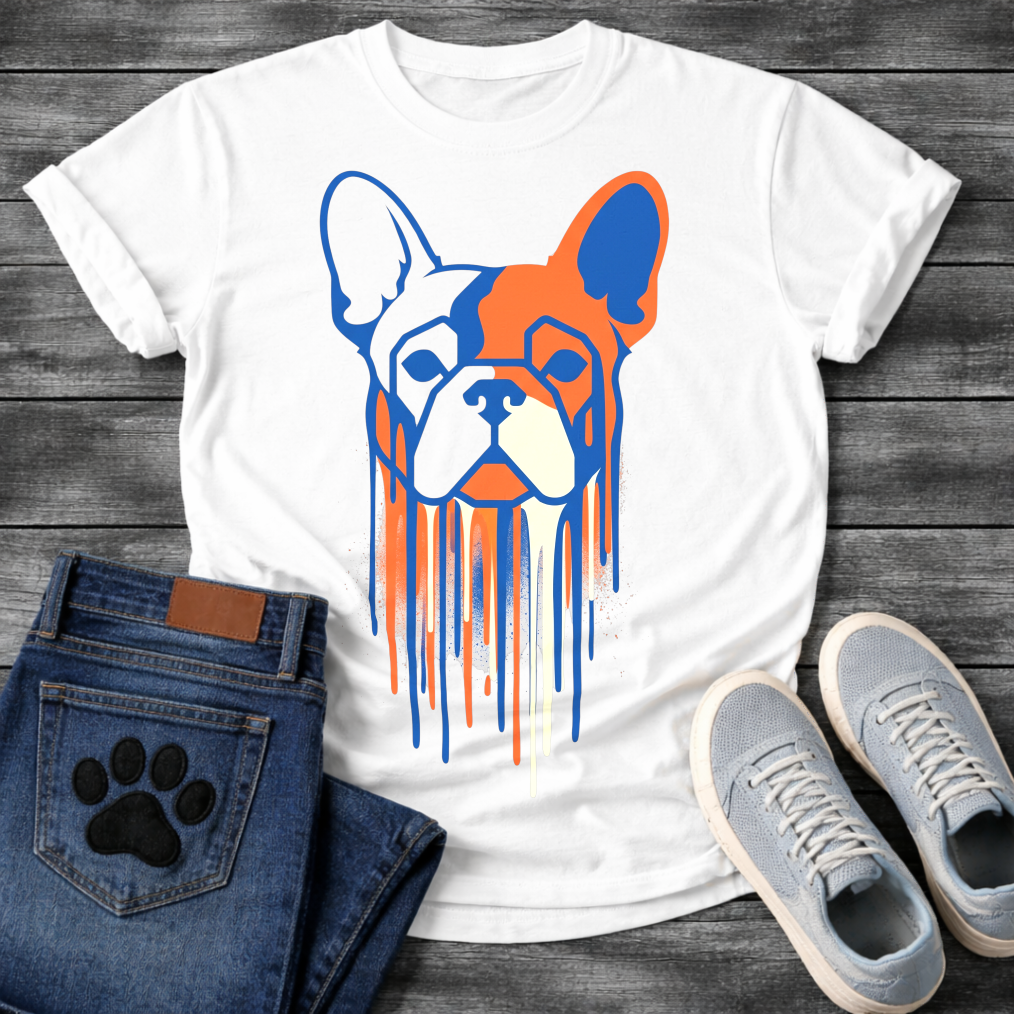 French Bulldog t-shirt with geometric stencil style Frenchie portrait in bold royal blue and terracotta orange with cream, long paint drips running below the face, street art graphic no text