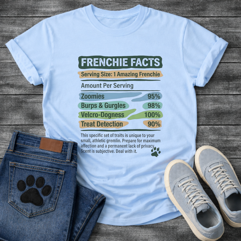 Frenchie Facts nutrition label parody funny French Bulldog t-shirt pet lover apparel