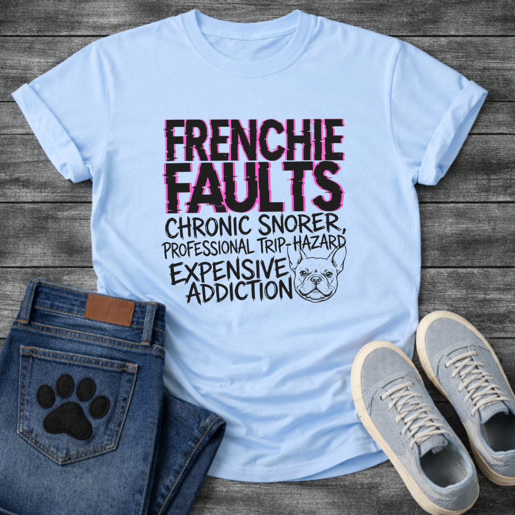 Frenchie Faults chronic snorer expensive addiction bold typography t-shirt funny French Bulldog shirt