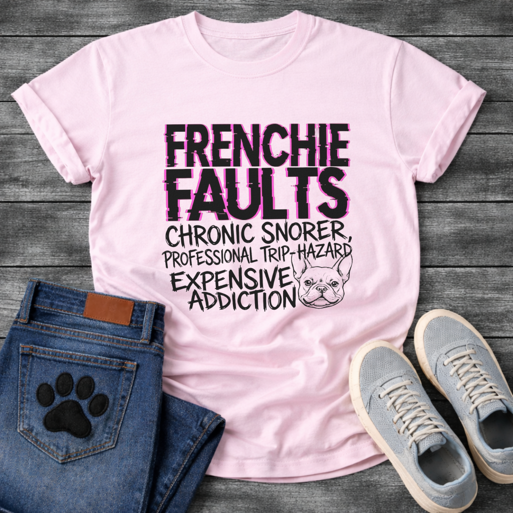 Frenchie Faults chronic snorer expensive addiction bold typography t-shirt funny French Bulldog shirt
