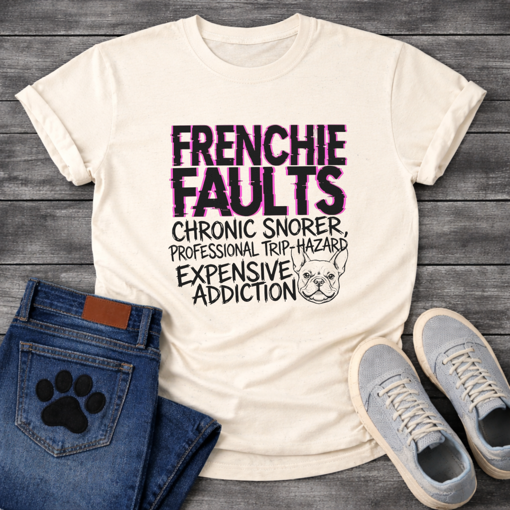 Frenchie Faults chronic snorer expensive addiction bold typography t-shirt funny French Bulldog shirt