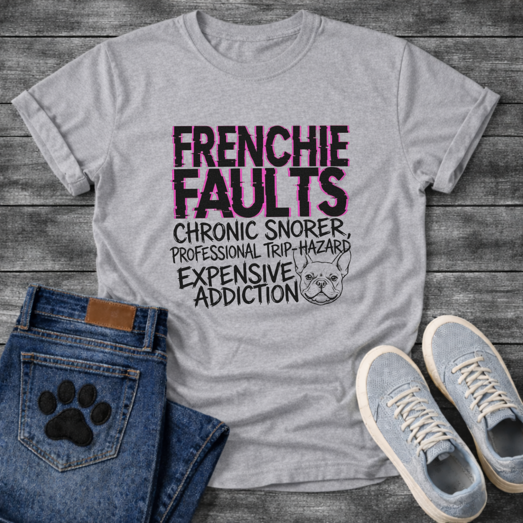 Frenchie Faults chronic snorer expensive addiction bold typography t-shirt funny French Bulldog shirt