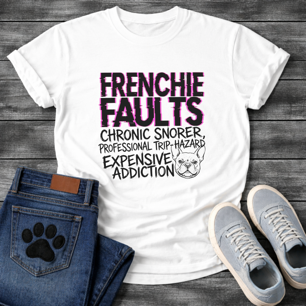 Frenchie Faults chronic snorer expensive addiction bold typography t-shirt funny French Bulldog shirt