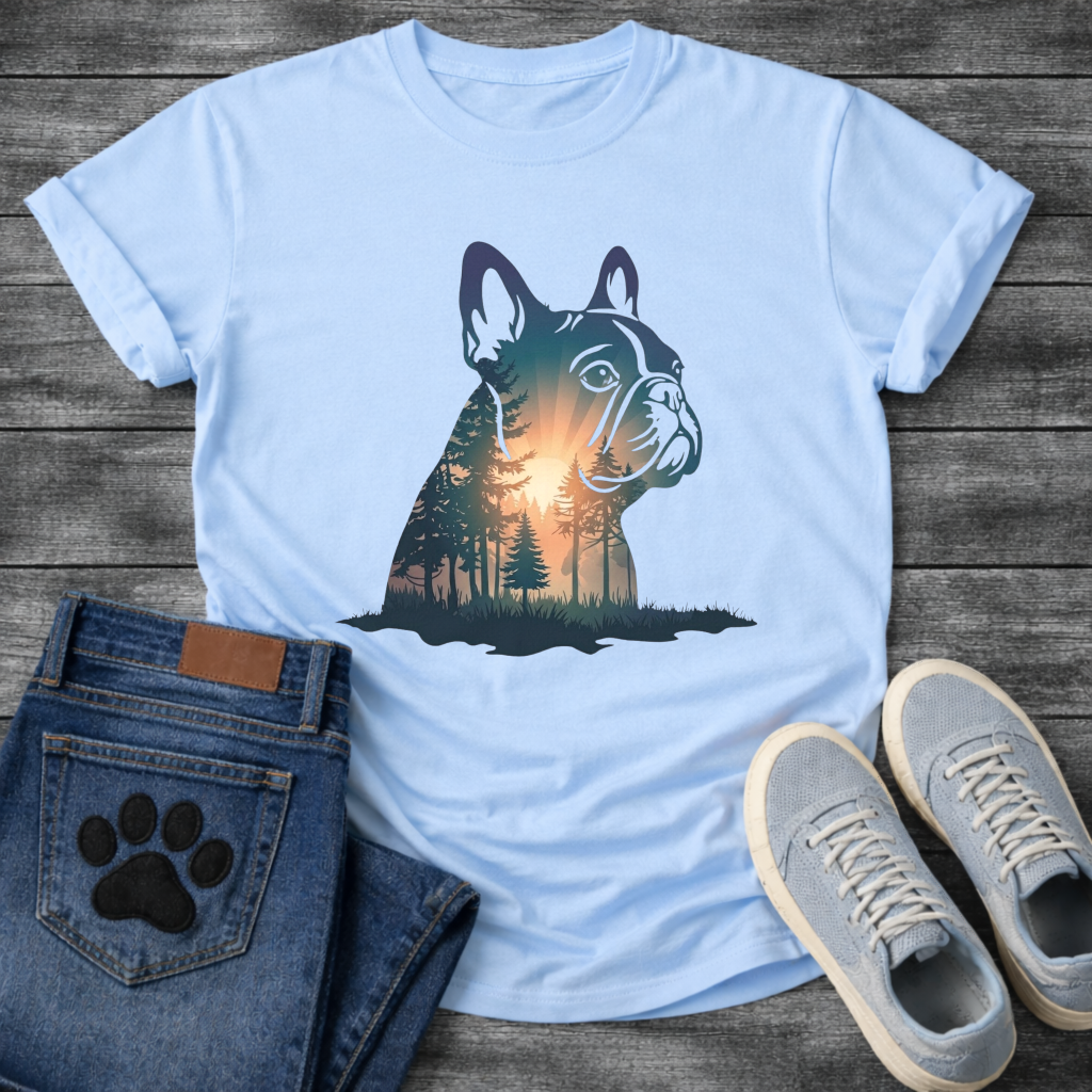 Frenchie double exposure forest dawn portrait t-shirt sage teal orange pet lover apparel