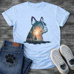 Frenchie double exposure forest dawn portrait t-shirt sage teal orange pet lover apparel