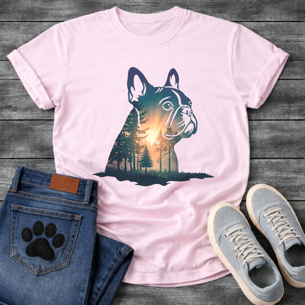 Frenchie double exposure forest dawn portrait t-shirt sage teal orange pet lover apparel