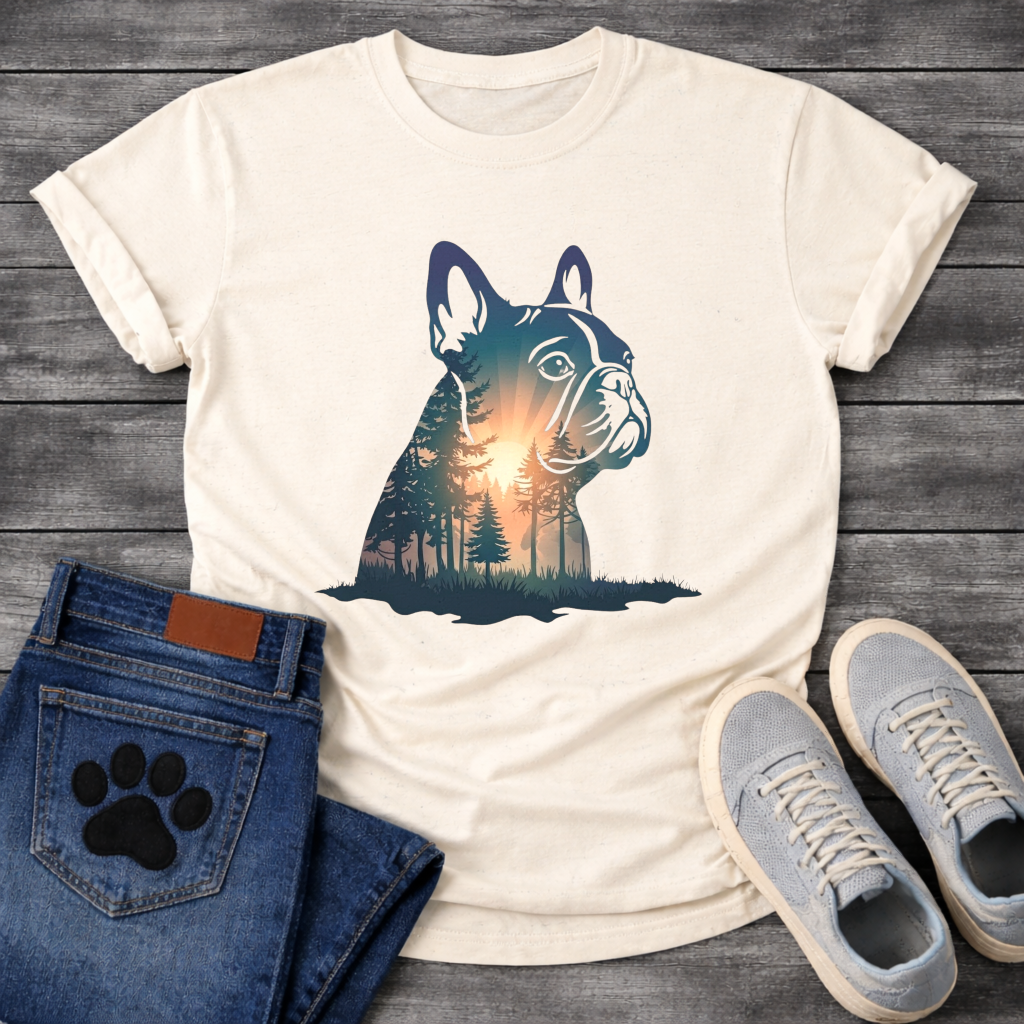 Frenchie double exposure forest dawn portrait t-shirt sage teal orange pet lover apparel