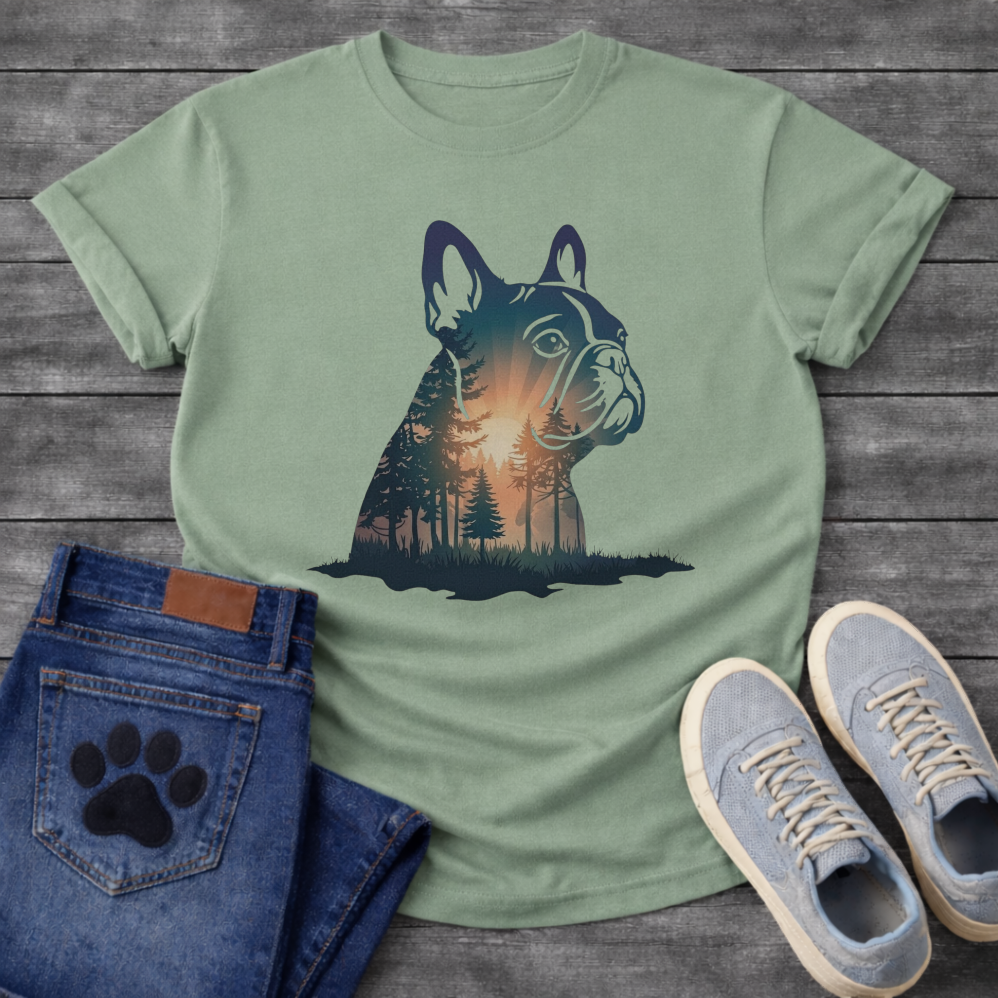 Frenchie double exposure forest dawn portrait t-shirt sage teal orange pet lover apparel