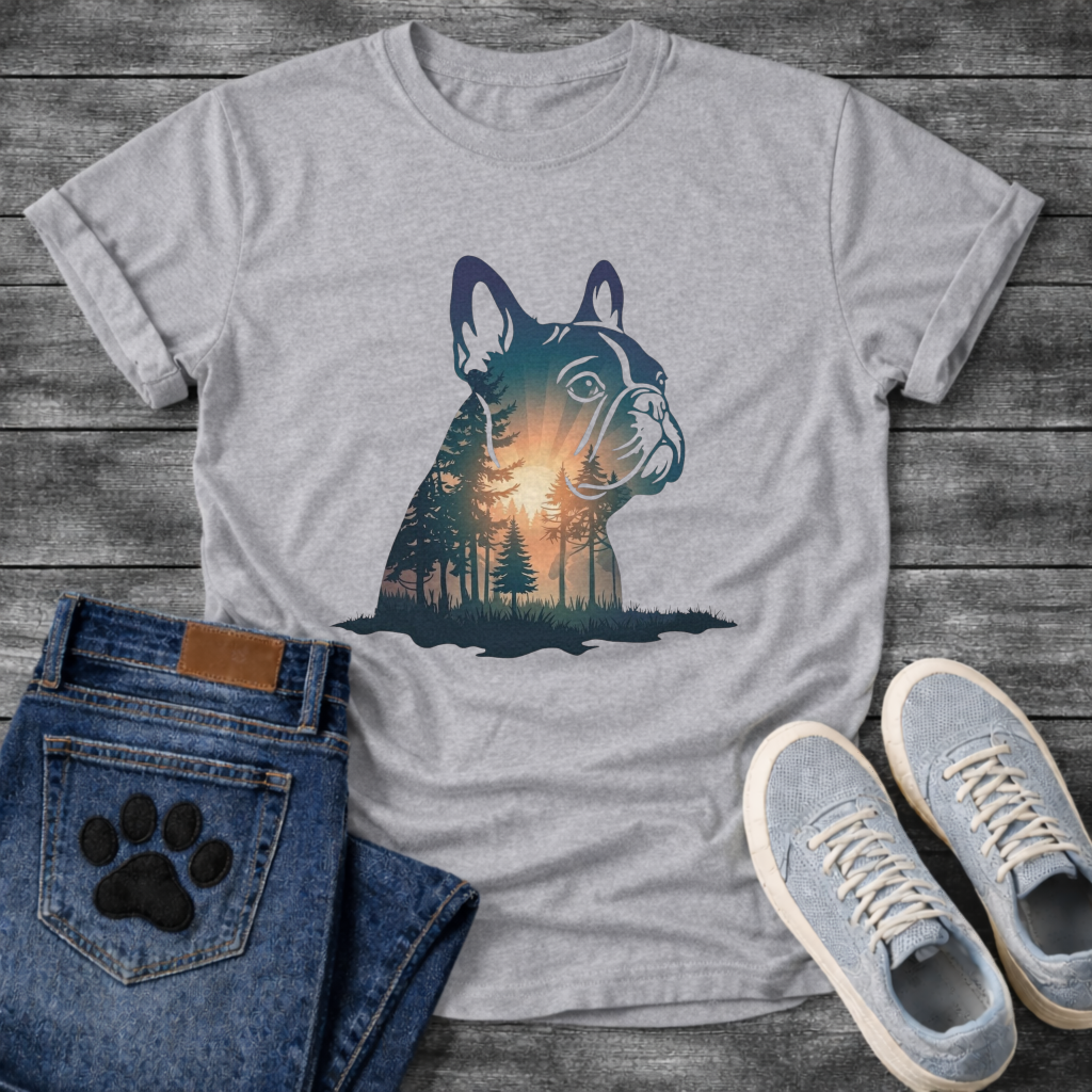 Frenchie double exposure forest dawn portrait t-shirt sage teal orange pet lover apparel