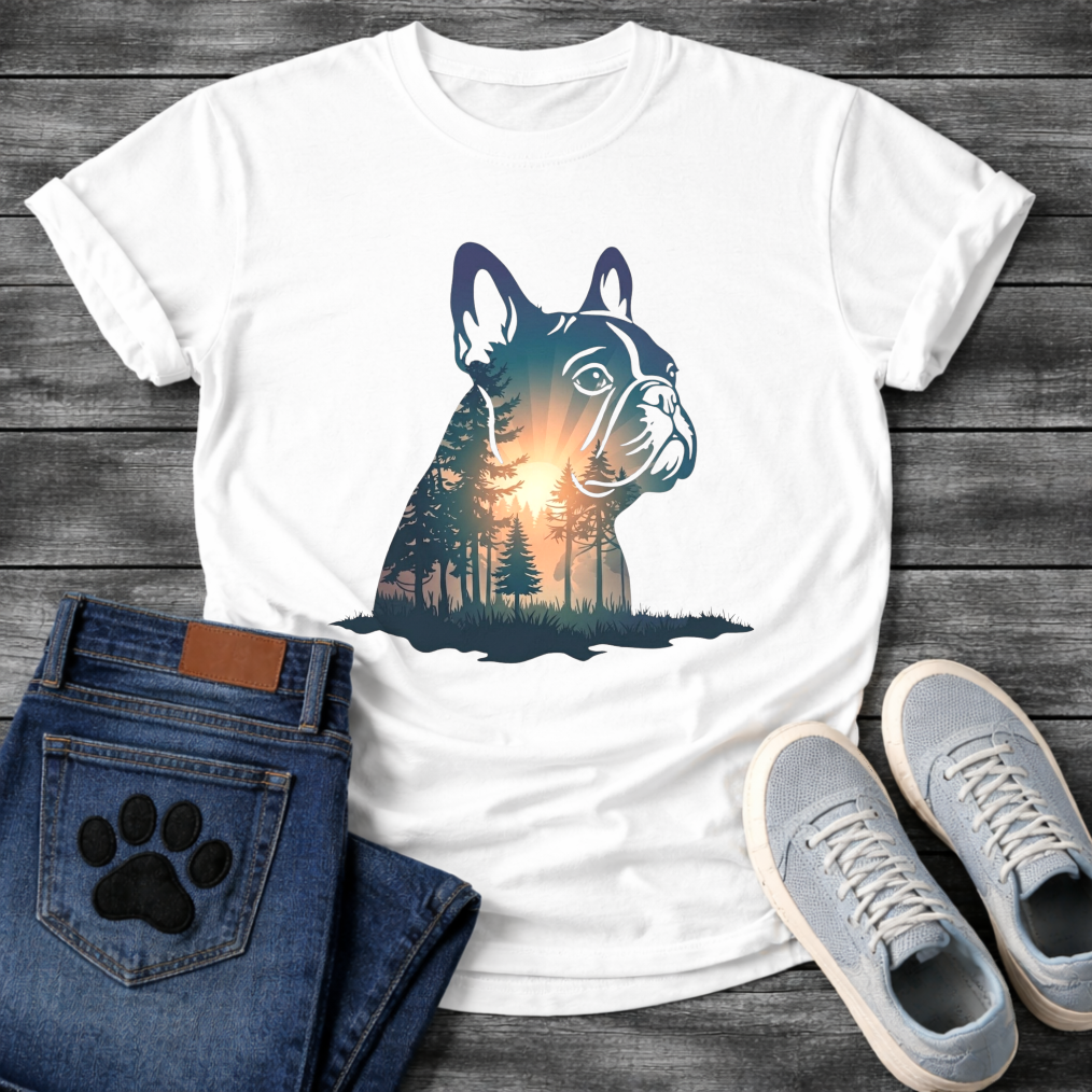 Frenchie double exposure forest dawn portrait t-shirt sage teal orange pet lover apparel