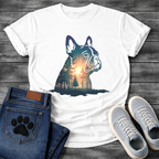 Frenchie double exposure forest dawn portrait t-shirt sage teal orange pet lover apparel