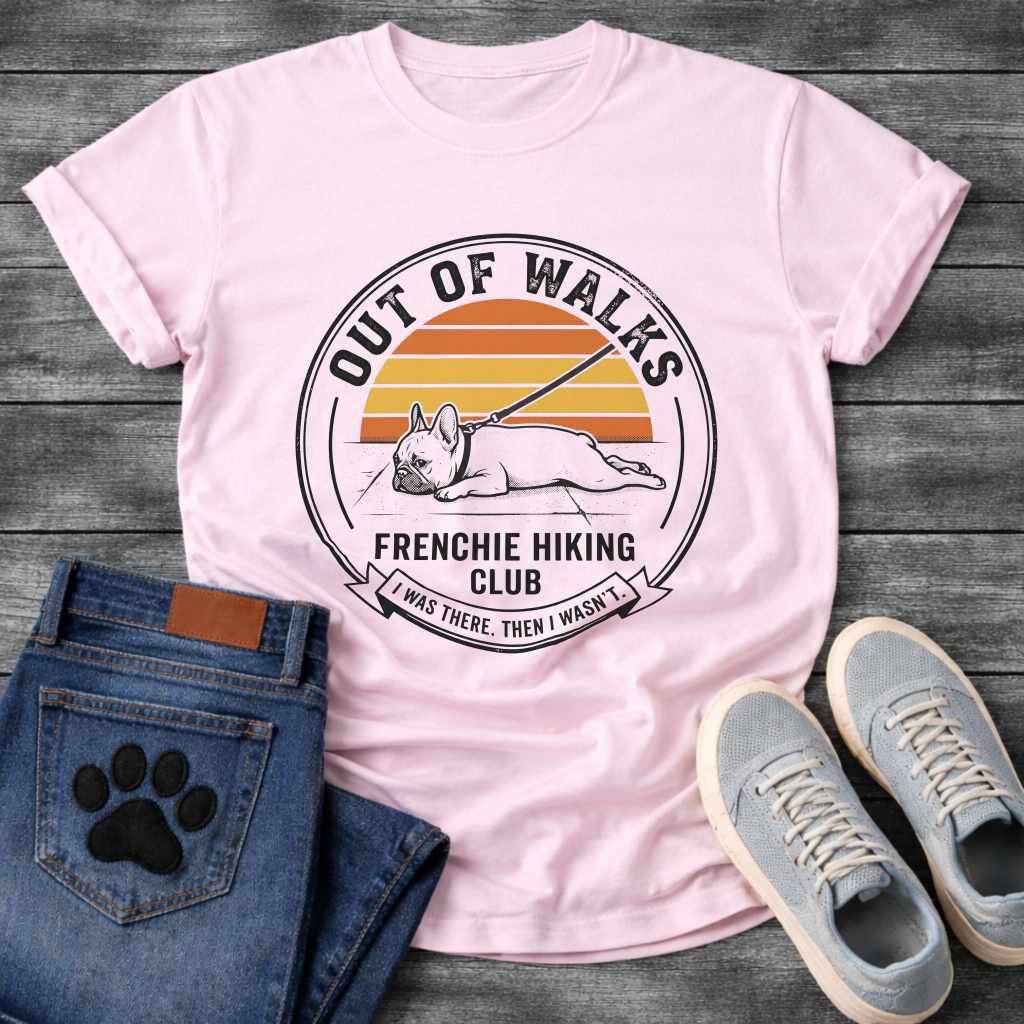 French Bulldog lying flat on leash Out of Walks Frenchie Hiking Club I Was There Then I Wasn't retro badge graphic tee

