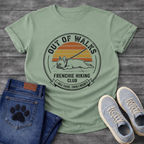 French Bulldog lying flat on leash Out of Walks Frenchie Hiking Club I Was There Then I Wasn't retro badge graphic tee
