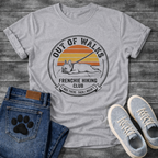 French Bulldog lying flat on leash Out of Walks Frenchie Hiking Club I Was There Then I Wasn't retro badge graphic tee
