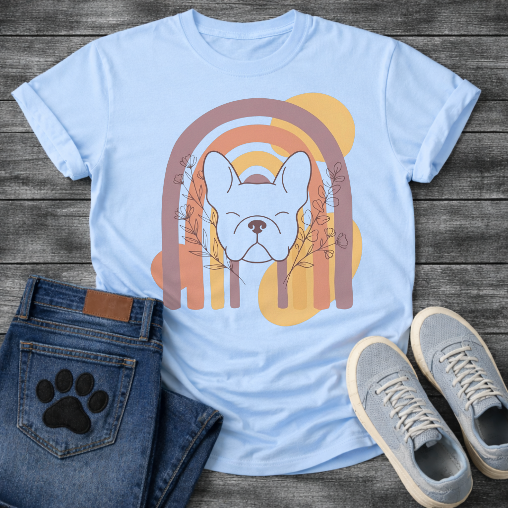 French Bulldog t-shirt with peaceful Frenchie face eyes closed centered in a boho rainbow arch, wildflower and botanical line art on either side, muted purple terracotta gold and cream tones, abstract circles in background, soft boho illustration no text