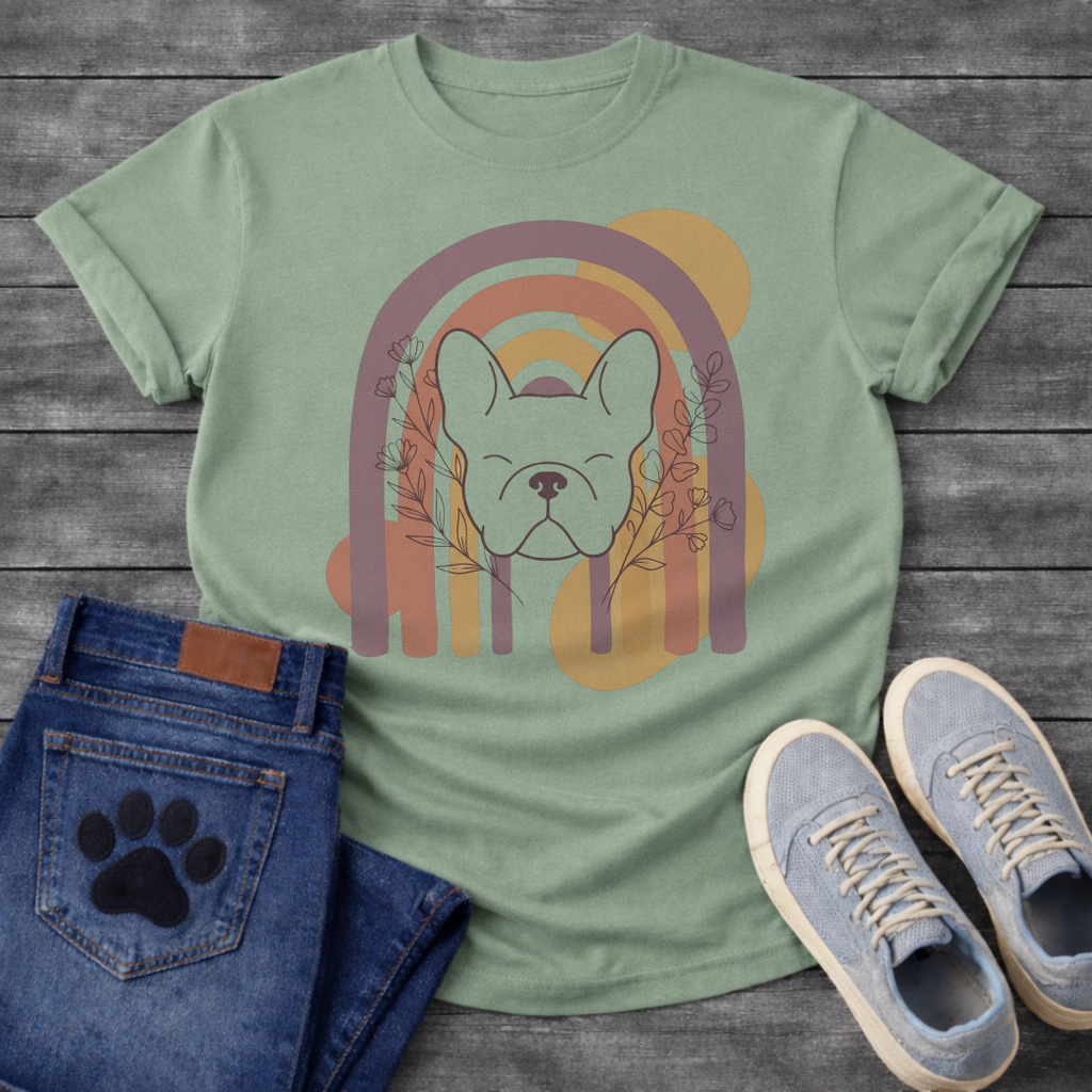 French Bulldog t-shirt with peaceful Frenchie face eyes closed centered in a boho rainbow arch, wildflower and botanical line art on either side, muted purple terracotta gold and cream tones, abstract circles in background, soft boho illustration no text