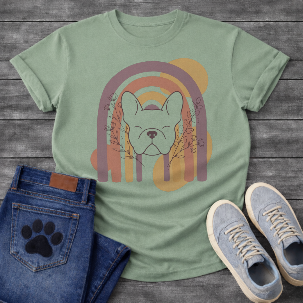 French Bulldog t-shirt with peaceful Frenchie face eyes closed centered in a boho rainbow arch, wildflower and botanical line art on either side, muted purple terracotta gold and cream tones, abstract circles in background, soft boho illustration no text