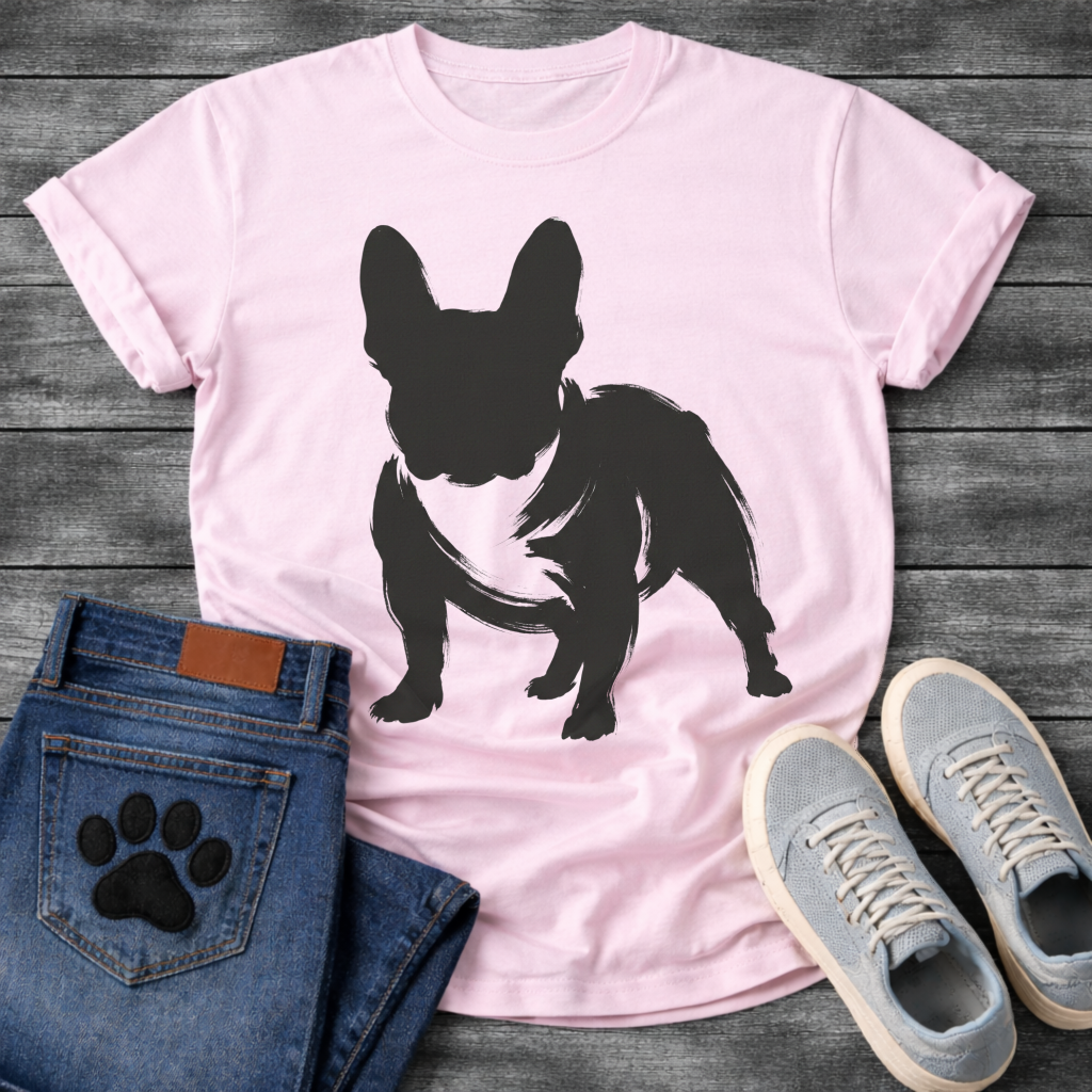 French Bulldog t-shirt with bold filled brush ink Frenchie standing facing forward, heavy gestural brushstrokes with white chest detail visible, single black ink on warm tee, expressive fine art graphic no text