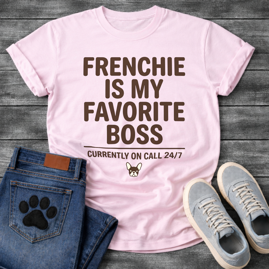 Frenchie Is My Favorite Boss Currently On Call 24/7 bold typography with French Bulldog icon graphic tee
