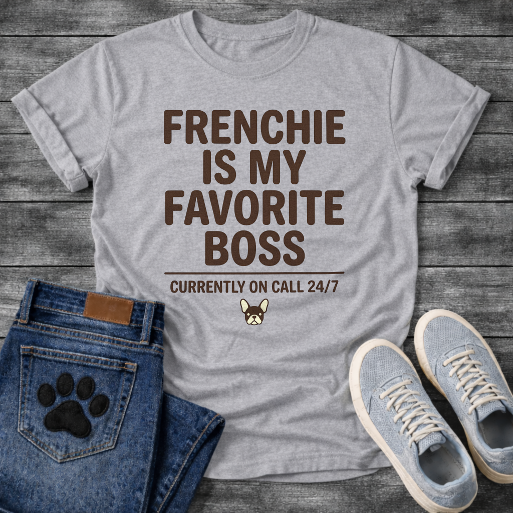 Frenchie Is My Favorite Boss Currently On Call 24/7 bold typography with French Bulldog icon graphic tee