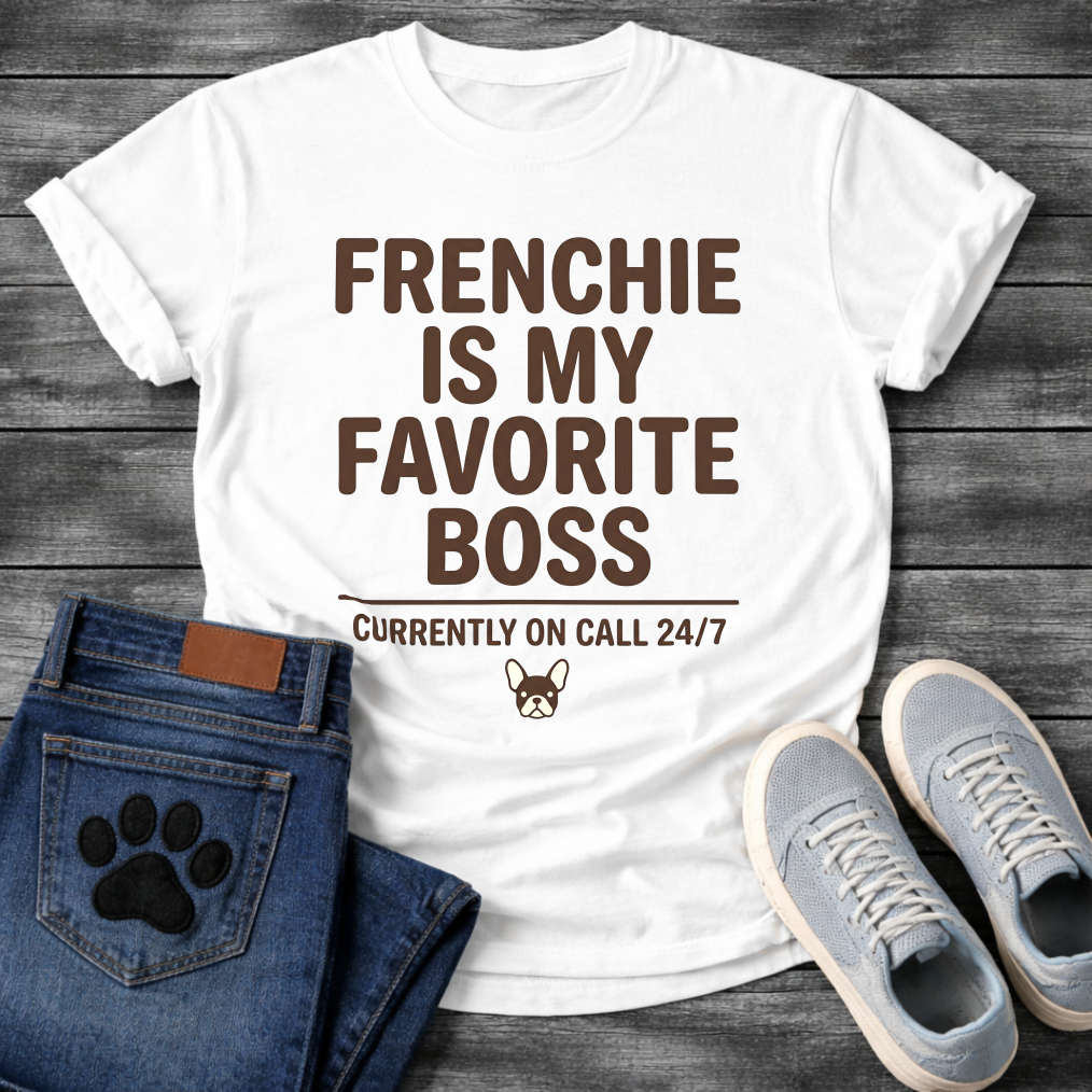 Frenchie Is My Favorite Boss Currently On Call 24/7 bold typography with French Bulldog icon graphic tee