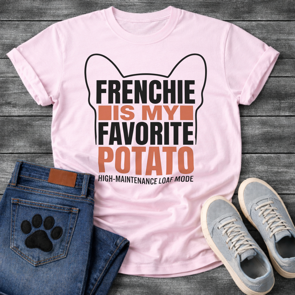 Frenchie Is My Favorite Potato High-Maintenance Loaf Mode bold typography with bat ear outline graphic tee
