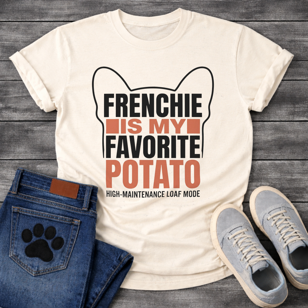 Frenchie Is My Favorite Potato High-Maintenance Loaf Mode bold typography with bat ear outline graphic tee