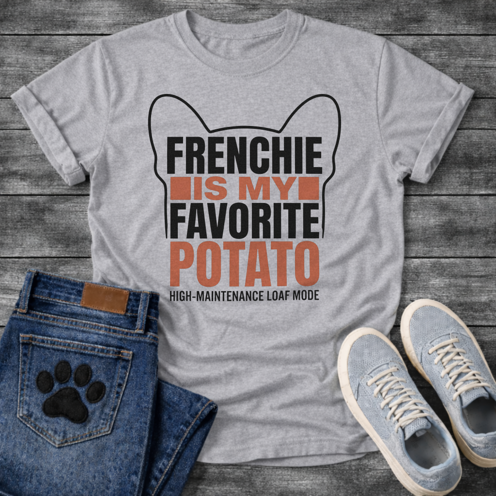 Frenchie Is My Favorite Potato High-Maintenance Loaf Mode bold typography with bat ear outline graphic tee