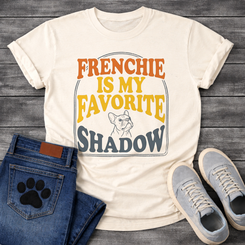 Frenchie Is My Favorite Shadow retro bold typography with French Bulldog line art graphic tee
