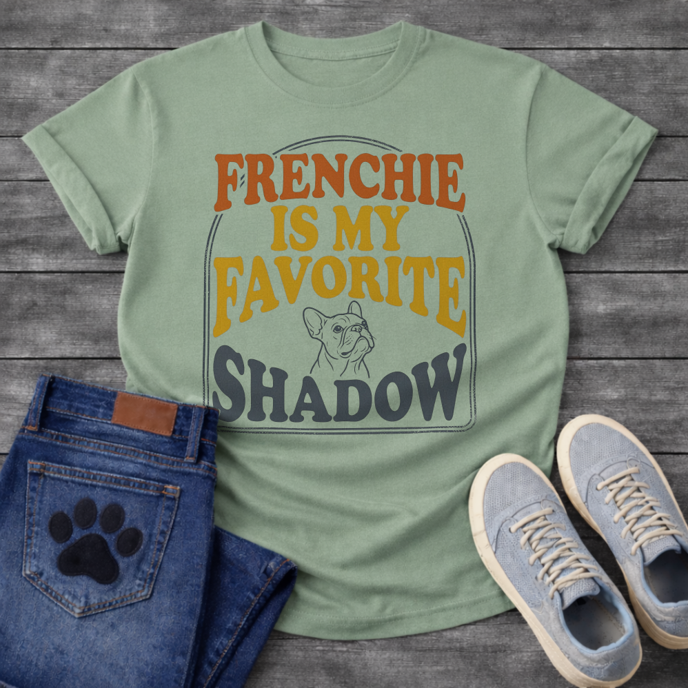 Frenchie Is My Favorite Shadow retro bold typography with French Bulldog line art graphic tee
