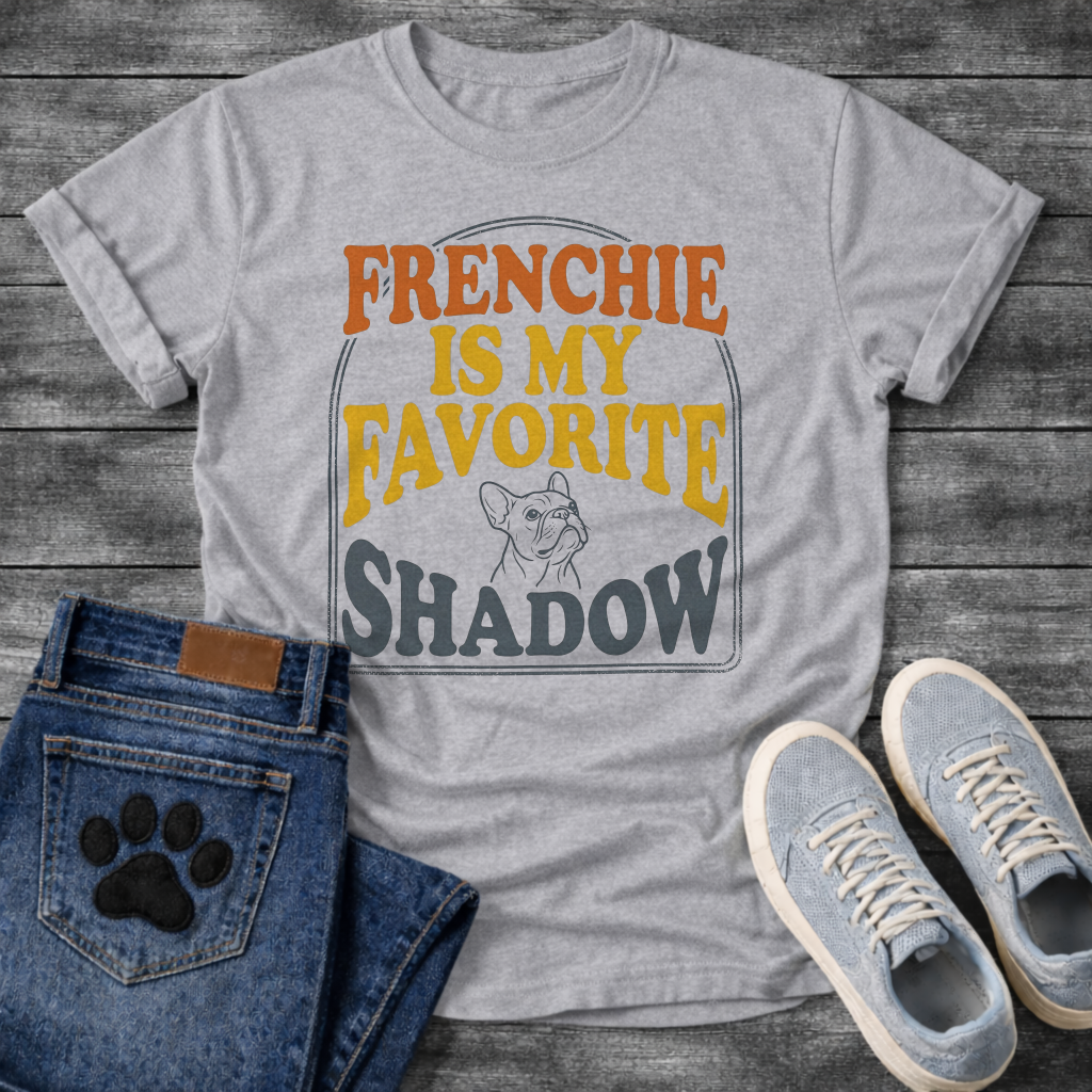 Frenchie Is My Favorite Shadow retro bold typography with French Bulldog line art graphic tee
