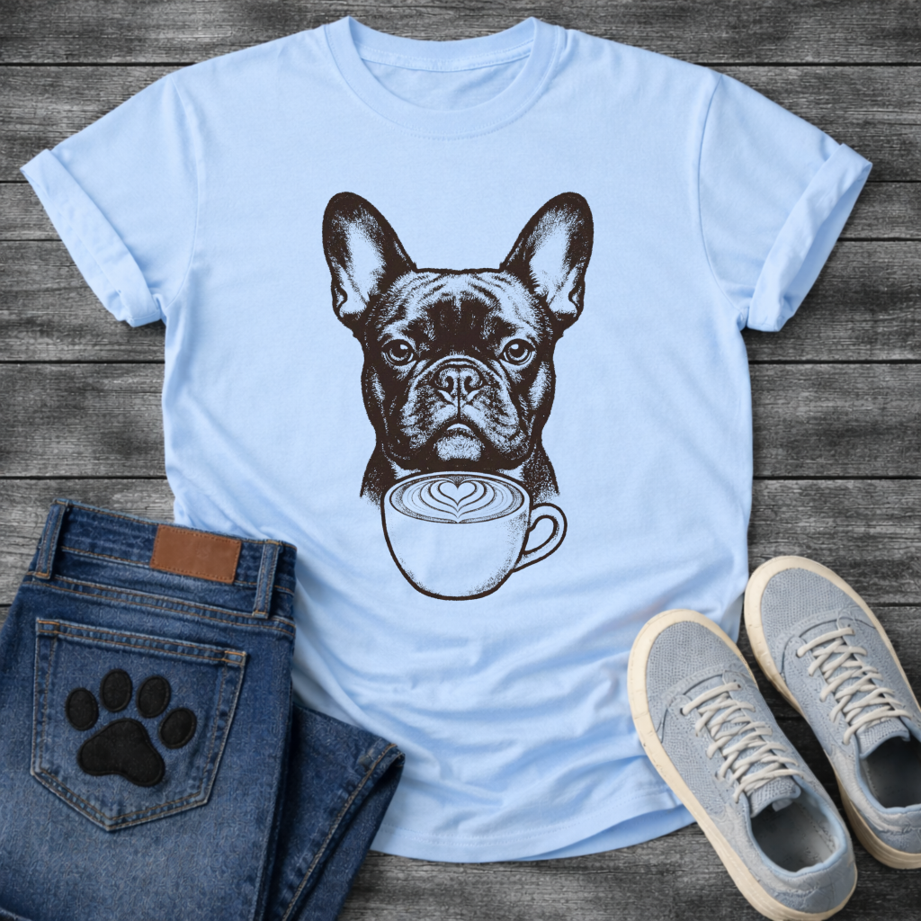 French Bulldog portrait with latte art coffee cup detailed illustration graphic tee
