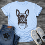 French Bulldog portrait with latte art coffee cup detailed illustration graphic tee