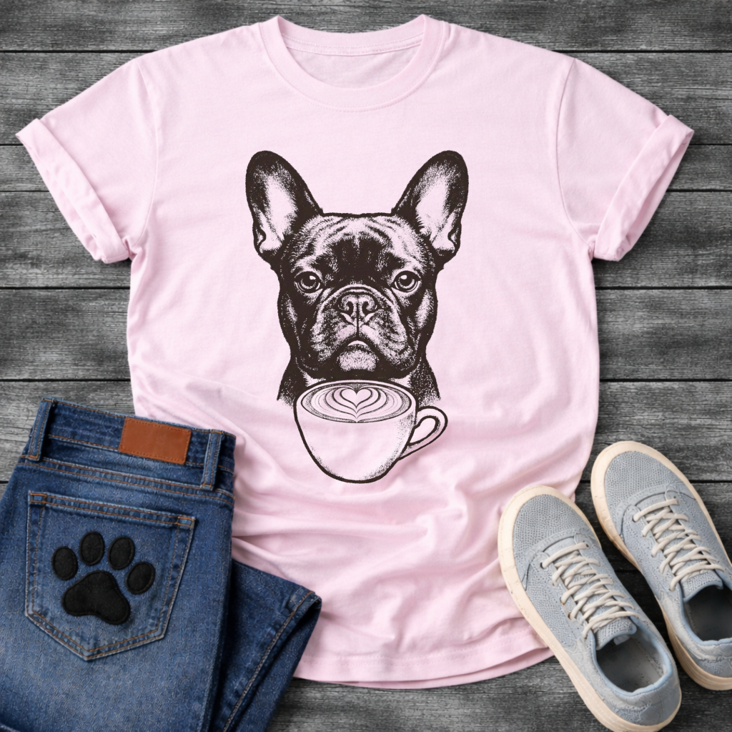 French Bulldog portrait with latte art coffee cup detailed illustration graphic tee