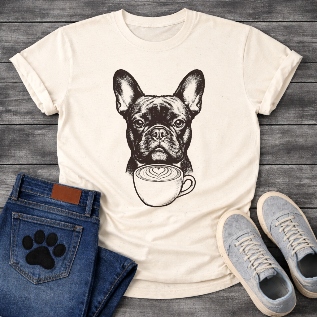French Bulldog portrait with latte art coffee cup detailed illustration graphic tee