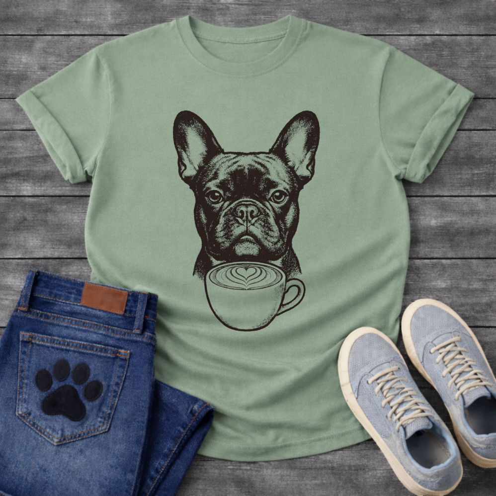 French Bulldog portrait with latte art coffee cup detailed illustration graphic tee