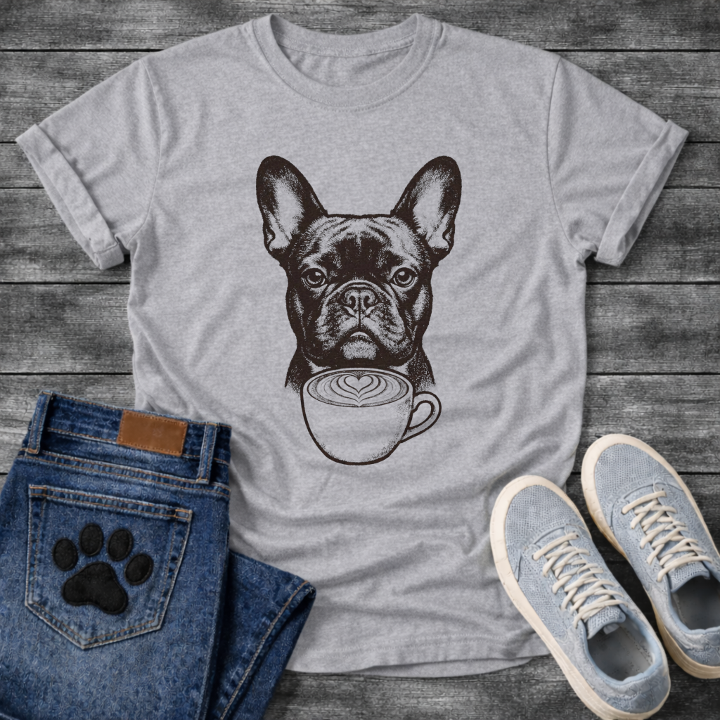 French Bulldog portrait with latte art coffee cup detailed illustration graphic tee